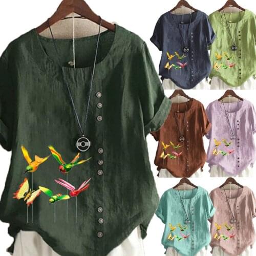 Womens New Fashion O-neck Dragonfly Printed Short Sleeve Tops Loose Linen T-Shirt Casual Blouse S-5XL