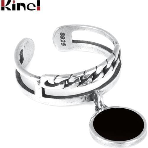 Kinel Simple Pure 925 Sterling Silver Adjustable Rings For Women Round Black Enamel Pendant Ring Vintage Jewelry Christmas Gift