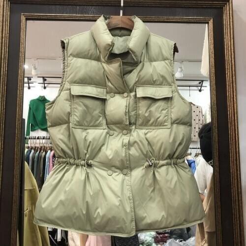 2020 Down Cotton Vest Jacket Women Eiderdown Padded Waistcoat Waistband Stand Collar Pocket Spring Autumn Winter Warm Vest Coat