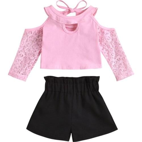 2Pcs Toddler Summer Outfits, Newborn Lace Off-Shoulder Long Sleeves Blouse + High-Waist Shorts for Baby Girls, 0-18 Months