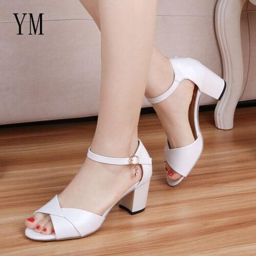 2018 Spring Sexy Fish mouth Hollow Roman Sandals Thick with a Word With Buckle High Heels Female Summer Sexy Ankle Strap Sandals