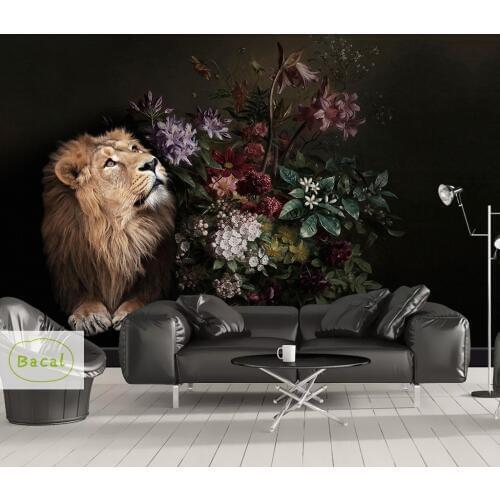 Bacal Custom Photo Wallpaper 3D Lifelike Vintage Animal Mural Lion Non-Woven Bedroom Wall Mural Home Decor Flower Wallpaper 5D