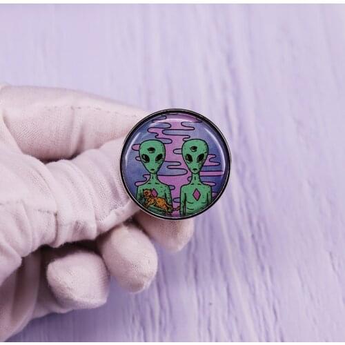 Two Aliens Holding A Cat Pin Button Brooch