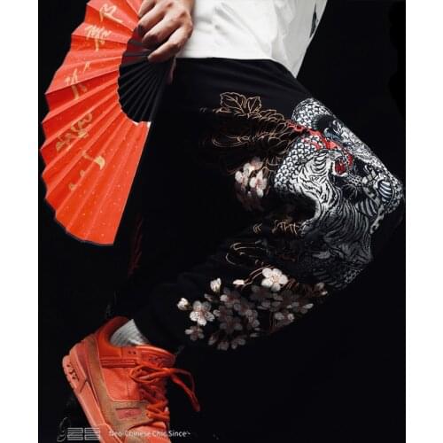 Men Boys Hip Hop 4 Beasts Heavy Work Black dragon White tiger Phoenix Suzaku Snake turtle Embroidered Trousers Full Length Pants