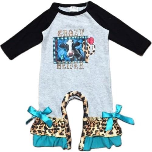 Girlymax Baby Girls Toddler Grey Kids Clothing Crazy Heifer Leopard Infant Romper Cotton Long Sleeve Ruffles