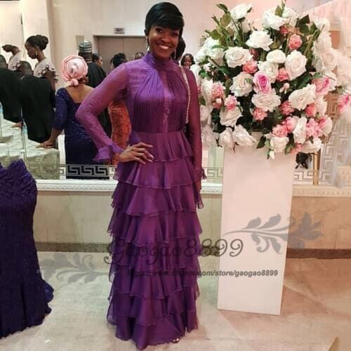 Elegant purple lace long sleeve mother of the bride dress high Collar tiered cake skirt floor length formal evening prom gowns