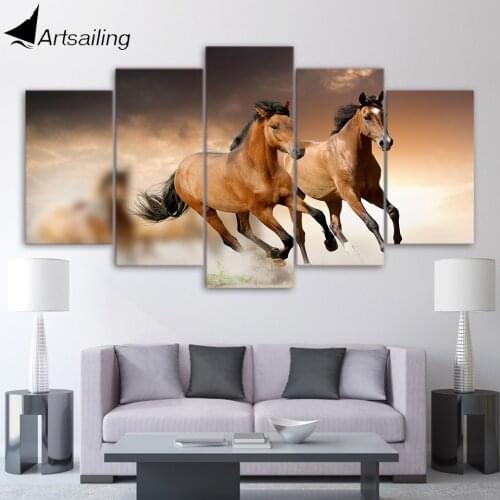 HD Printed Animal horse Group Painting 5 piece Canvas art Print room decor print poster picture canvas Free shipping/ny-238