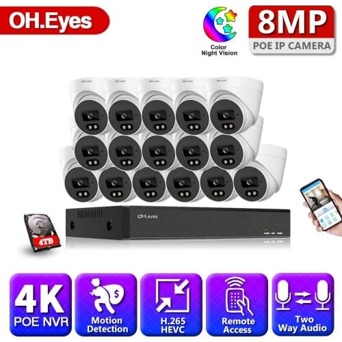 16 Channel CCTV Camera System Set 4K POE NVR Kit Outdoor Color Audio POE IP Dome Security Surveillance Camera System Kit 16CH