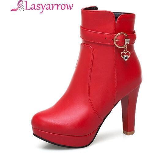 Lasyarrow Autumn Winter Sapatos Mujer Thick High Heels Round Toe Platform Ankle Boots For Women Female Martin Boots Short Boots