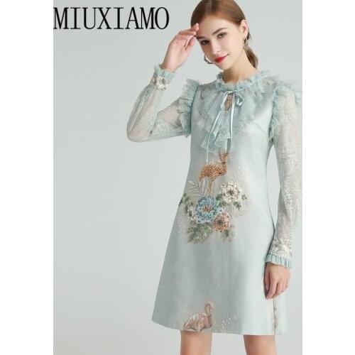 MIUXIMAO 2021 Spring Summer Newest Diamond Flower Lace Stitched Long Sleeve Lotus Edge Elegant Casual Dress Women Vestidos