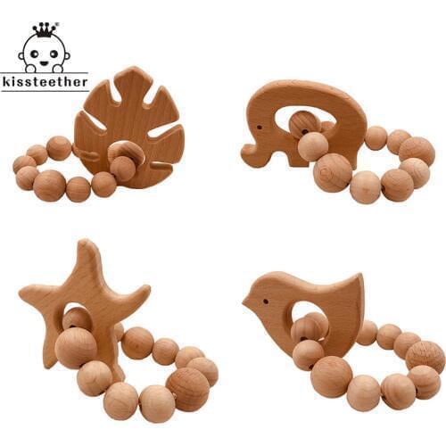 Beech Bead Teething Ring Set Untreated Beech Teether with Organic Wood Animal Toy Wood Bracelet Baby Wooden Teether Bangle