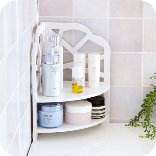 White Carved Panels Wall Corner Shelf Wooden 2 Layers Storage Rack Organizer Desk Storage Living Room Bathroom Shelves Corner