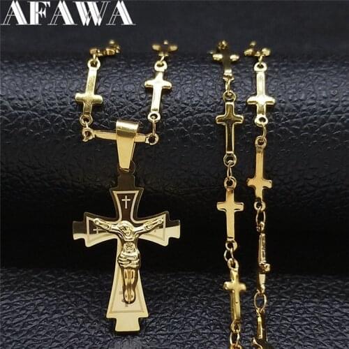Stainless Steel Catholicism Jesus Chokers Necklaces Women/Men Gold Color Cross Pendant Jewery bijoux acier inoxidable NXS02