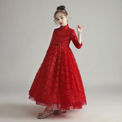 Flower Girl Dresses Illusion Sashes Beading Embroidery High Princess Floor-Length Lace Tulle Three Quarter Kids Party Gown H352