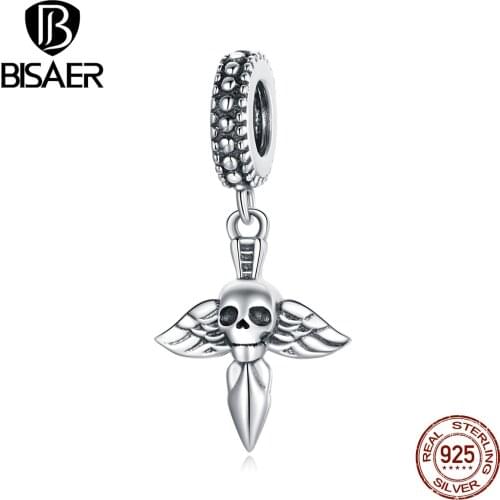 Bisaer 100% 925 Sterling Silver Skull Pendant Charms Pink Zircon Beads Fit Original Bracelet Fine Jewelry ECC1778