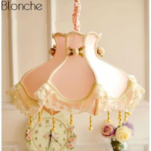 Nordic Pink Princess Pendant Lights Modern Lace Fabric Lampshade Hanging Light Fixtures Girl Bedroom Lamp Home Decor Luminaire