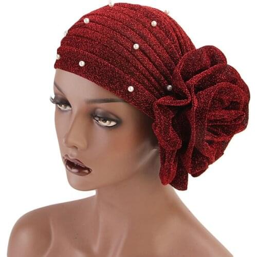 Women Beaded Glitter Muslim Turban Big Flowers Headband for Women Hair Lose Cap Head Wraps Hair Accessories