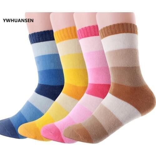 YWHUANSEN 3-12 Yrs Rainbow Strip Terry Towel Socks For Girls Cotton Boys Short Socks Winter Warm Thick Childrens Socks Toddlers
