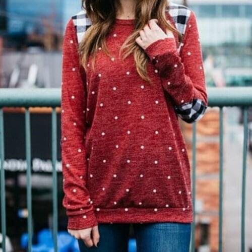 Womens Fashion Printing Round Neck Patch Long Sleeve T-shirt Black Red Blue Polka Dot Shirts