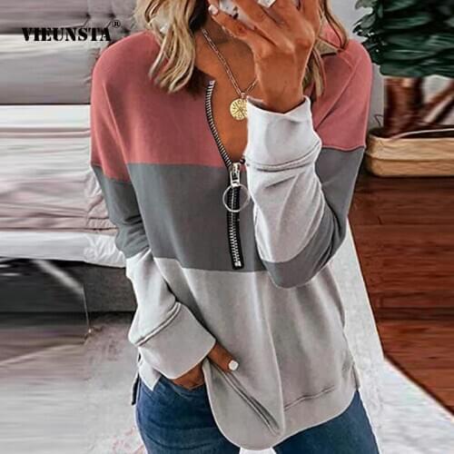 Fashion Stripe Patchwork Women Sweatshirt Vintage O Neck Zip Up Long Sleeve Pullover Tops 2021 Casual Harajuku Hoodie Streetwear