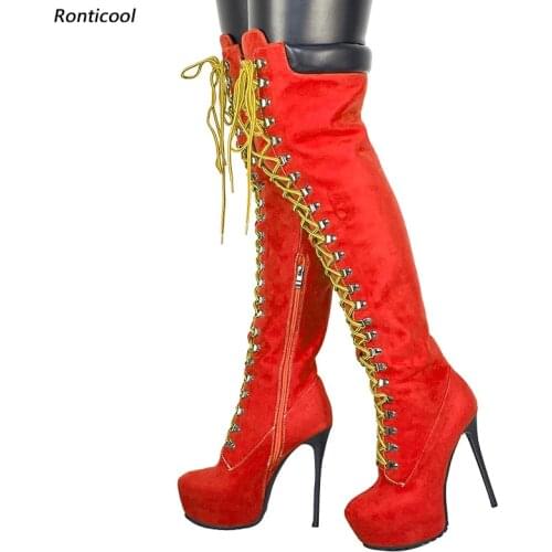 Ronticool 2021 Handmade Women Winter Over The Knee Boots Lace Up Stiletto High Heels Round Toe 7 Colors Casual Shoes Size 5-15