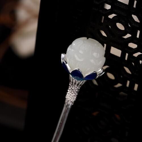 925 Sterling Silver Hair Sticks Lotus Flower Cloisonne Enamel Jewelry Chinese Jade Hair Stick Accessory Ancient Fine Jewellery