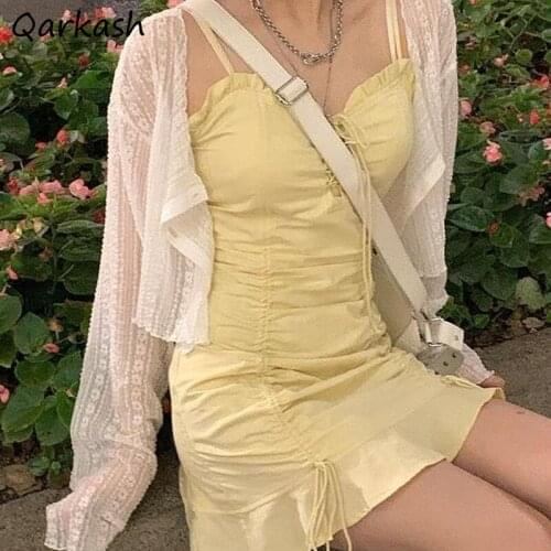 Sets Women 2 Piece Outfits Elegant Solid Sun-proof Temperament Cropped Cardigan Mini Shirring Design Lady Spaghetti Strap Dress