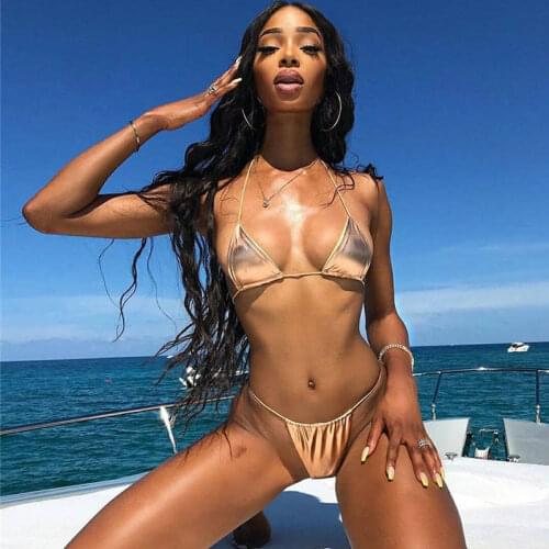 Golden Bikini Swimsuit Woman Bathing Suit Triangle Bra Bikini Gold Stamping Swimwear Swimming Suit Brazilian Micro Mini Bikini