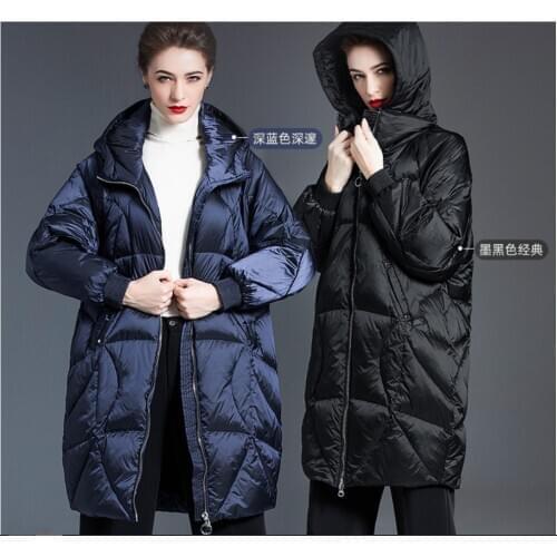 Womens blue down jacket mid-length 2020 Autumn and winter new white duck down long jackets warm hooded thick coat Outerwear