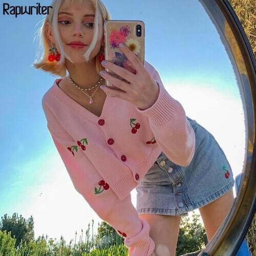 Sweet Embrodiery Cherry Harajuku Pink Knitted Cardigan Women 2020 Autumn Button Long Sleeve White Cute y2k Cropped Top Winter