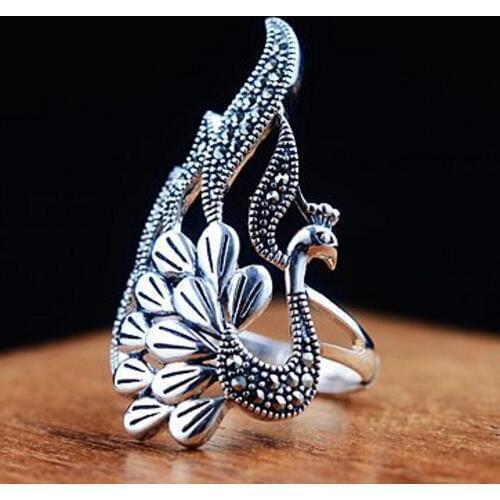 S925 PURE SILVER female Thai silver restoring ancient ways process middle finger peacock fashion wholesale silver ring