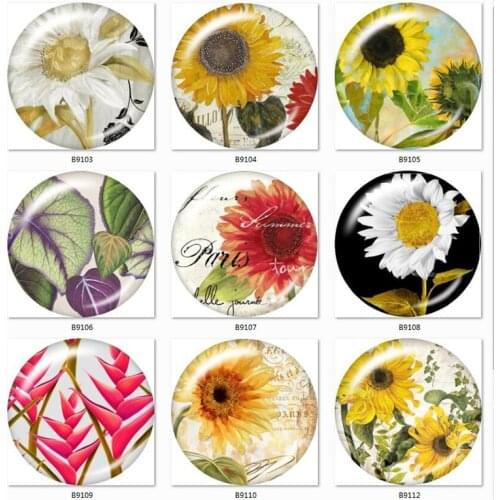 Sunflower Flower Leaf 10pcs mixed 12mm/18mm/20mm/25mm Round photo glass cabochon demo flat back Making findings B9105