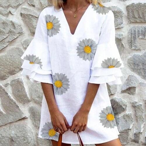 40# Floral Printed Dress Women V-neck Ruffle Sleeve Summer Dress 2021 Casual Mid-sleeve Mini Dress Oversize Loose Dress Vestidos