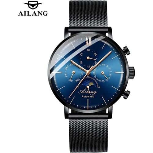 AILANG Mens Automatic Mechanical Fashion Top Brand Sports Watches Luxury Tourbillon Moon Phase Steel Watch Clock saat 2021 NEW