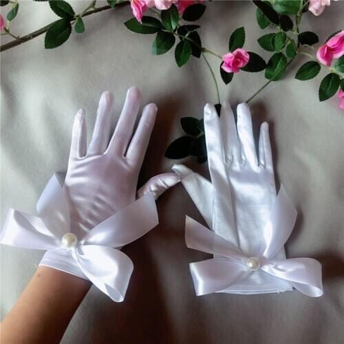 Bowknot Pearl Bride White Satin Gloves Short Wedding Gloves Women Finger Bridal Gloves Wedding Accessories Gants De Mariee