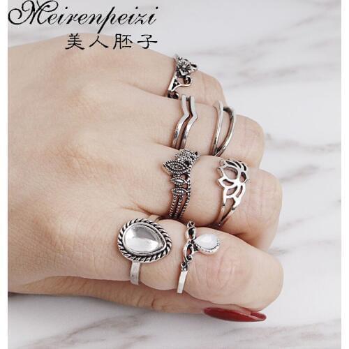 Bohemia Jewelry Antique Silver Hollow Flower Teardrop Crown Rings Set for Women Knuckle Midi Rings Punk Vintage Finger Ring
