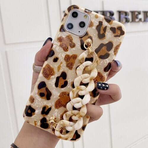 Leopard Print Bling Crystal Shell Marble Bracelet Hand Strap Case Cover For Samsung Galaxy NOTE 20 Ultra 10 9 8 S20 S10/9/8 Plus
