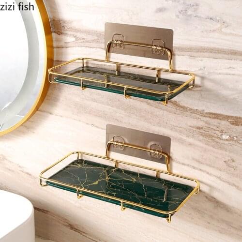 European Marbled Metal Wall-mounted Bathroom Shelf Toothbrush Mouthwash Cup Storage Rack Punch-free Multifunctional Storage Rack