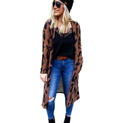 Brown Leopard Print Open Front Cardigan with Pockets Autumn Spring Fashion Casual Knee-Length Cardigans Windproof Tops Plus Size