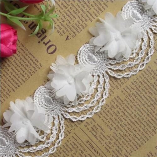 1yd Solubl 3D White Chiffon Flower Embroidered Fabric Lace Trim Ribbon Handmade DIY Sewing Supplies Craft For Costume Decoration