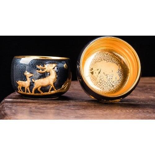 LUWU Ceramic Tea Cup Gold Deer Chinese Tea Cup