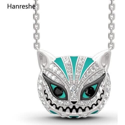 Hanreshe Wonderland Necklace Cheshire Cat Cute Enamel Crystal Beautiful Pendant Long Name Necklaces Jewelry Women Gift