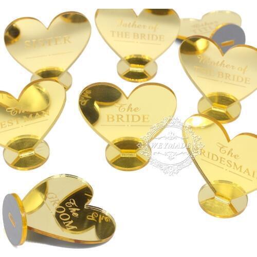 Personalised Custom Name Wedding Gold Mirror Place Setting Name Plaques Table Decorations Party Heart Table Place Card Decor