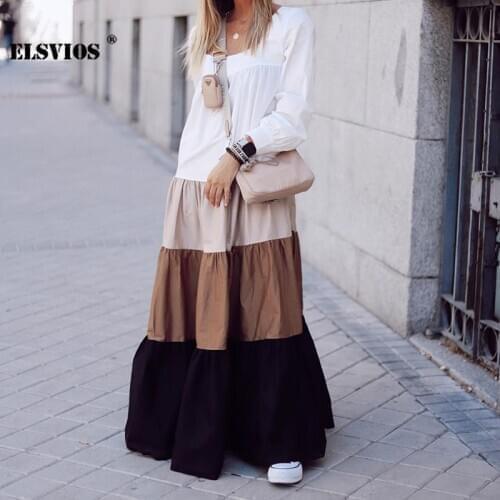 Casual Autumn Women Color Macthing Dress Sexy Slash Neck Long Sleeves Loose Office Dresses Elegant Vintage Holiday Party Dresses