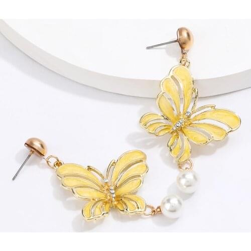 Find Me Color Enamel Butterfly Drop Earrings Alloy Imitation Pearl Dangle Earrings For Women Fashion Jewelry Accessories