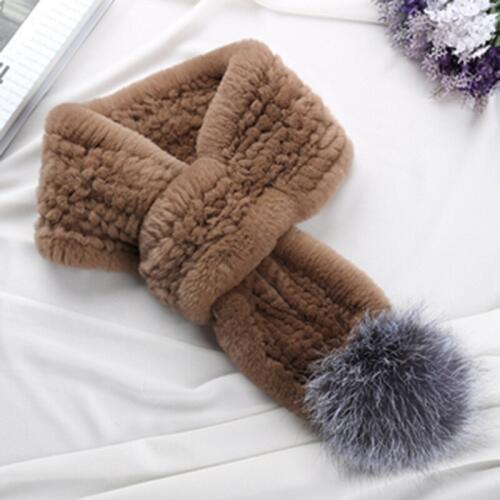 Rex Rabbit Fur Scarf with Sliver fox fur ball Knit Real Fur Scarves Soft Short Fur Scarf Fur Pompoms Women Rex Rabbit Fur Scarf