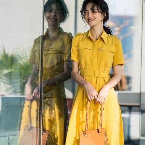 Top Formal Womens Spring Swing Cute A-line Medium Length Red Dress Witn Belt Femininity Korean Single Breasted Lapel 8867