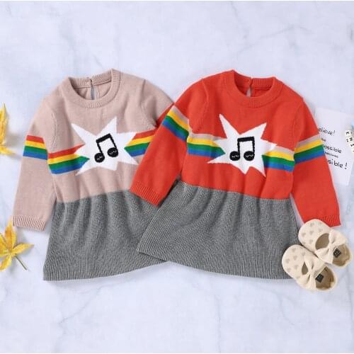 0-18M Newborn Kids Baby Girls Knit Sweater Dress Print Long Sleeve A-Line Mini Warm Dress 2 Colors