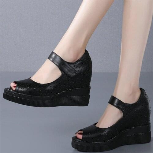 Platform Pumps Women Breathable Genuine Leather Wedge High Heel Ankle Boots Female Hook Peep Toe Fashion Sneakers Casual Shoes