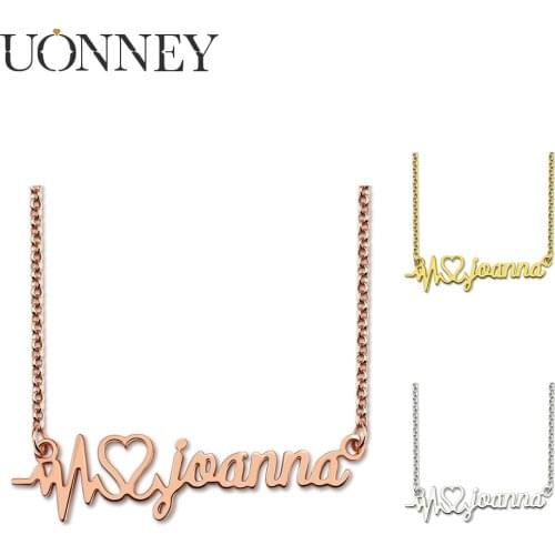 UONNEY Dropshipping Personalized Heartbeat Pendant Necklace 925 Boho Sterling Silver Name Engraved Jewelry Valentines Day Gift